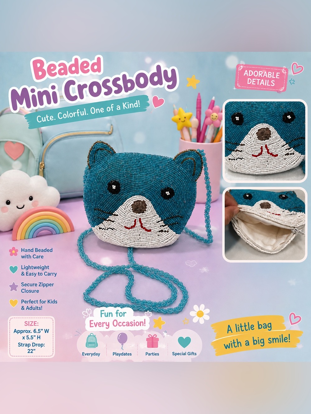 NWOT Beaded Teal Cat Mini Crossbody Bag for Any Age